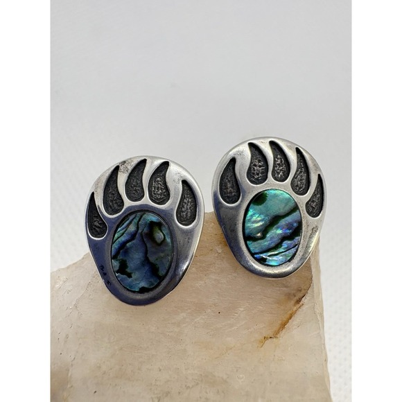 Navajo Sterling Silver Bear Paw Abalone Earrings Signed S.J. Sally Jack 2.73g - Picture 3 of 7